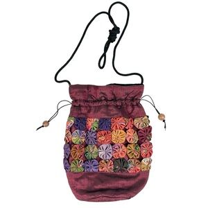 Vintage 30s 40s Multicolor YoYo Silk Pinwheels Mini Drawstring Bag OOAK